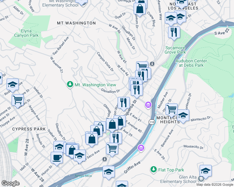 map of restaurants, bars, coffee shops, grocery stores, and more near 4122 Glenalbyn Drive in Los Angeles