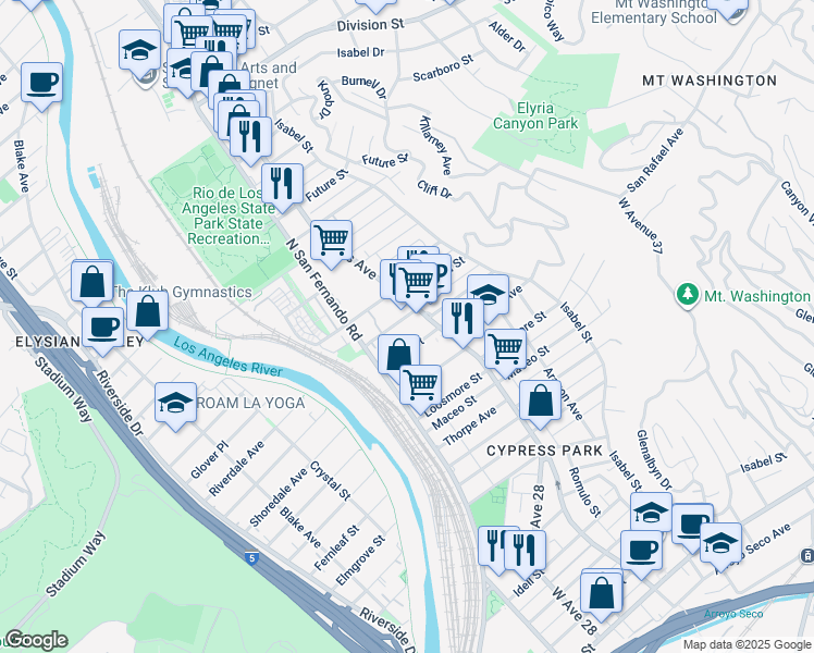 map of restaurants, bars, coffee shops, grocery stores, and more near 2656 Granada Street in Los Angeles