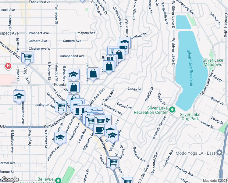 map of restaurants, bars, coffee shops, grocery stores, and more near 1850 Lucile Avenue in Los Angeles