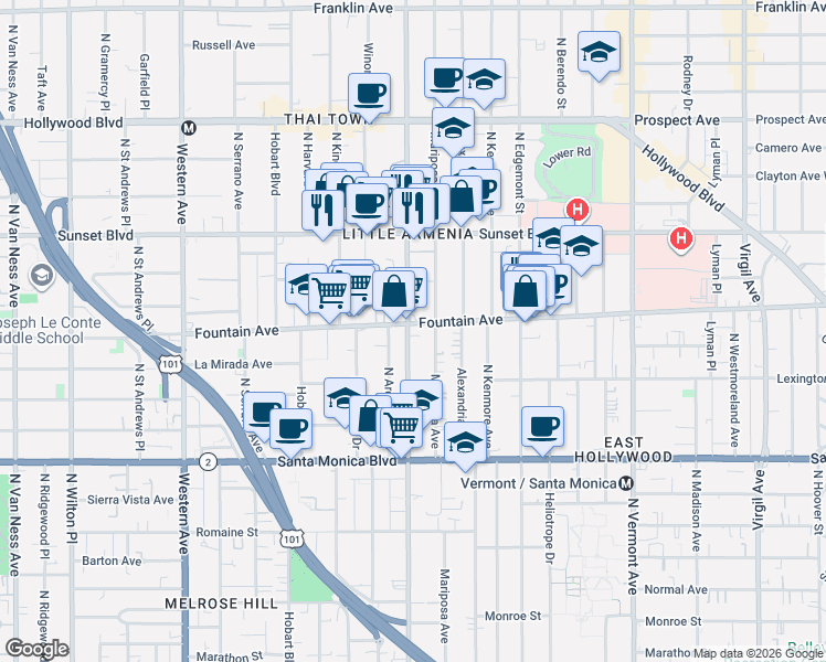 map of restaurants, bars, coffee shops, grocery stores, and more near in Los Angeles