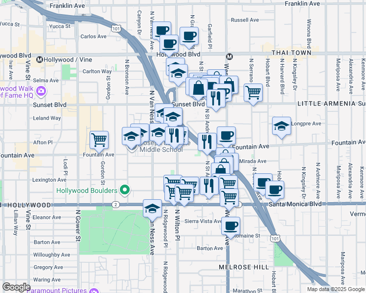map of restaurants, bars, coffee shops, grocery stores, and more near 5643 Fountain Avenue in Los Angeles