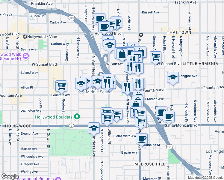 map of restaurants, bars, coffee shops, grocery stores, and more near 5643 Fountain Avenue in Los Angeles