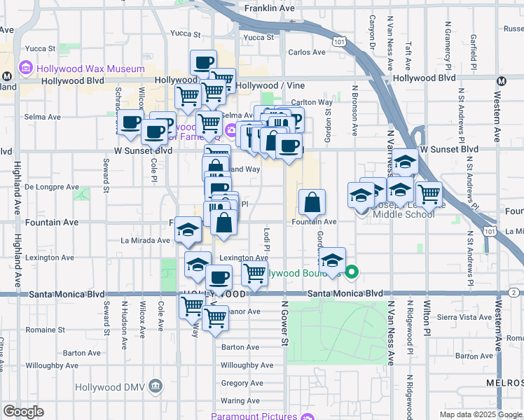 map of restaurants, bars, coffee shops, grocery stores, and more near in Los Angeles