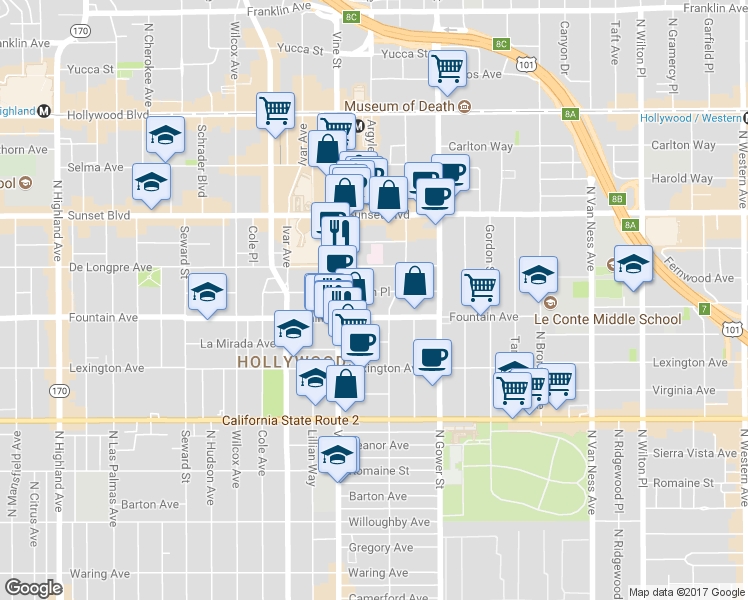 map of restaurants, bars, coffee shops, grocery stores, and more near 6202 Afton Place in Los Angeles