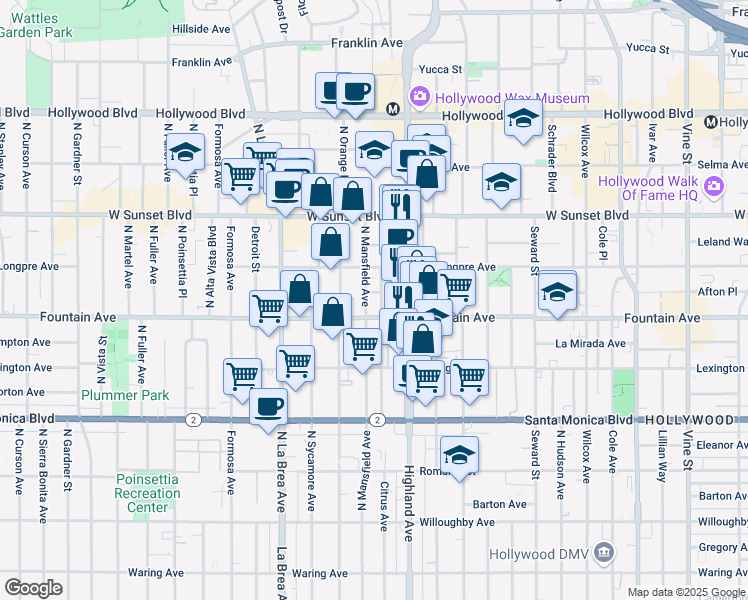 map of restaurants, bars, coffee shops, grocery stores, and more near 1322 North Citrus Avenue in Los Angeles