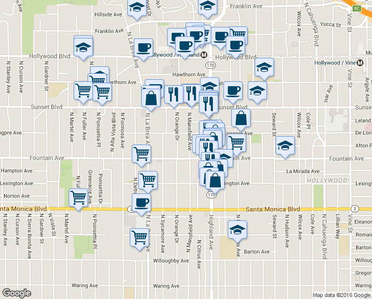 map of restaurants, bars, coffee shops, grocery stores, and more near 1317 North Mansfield Avenue in Los Angeles