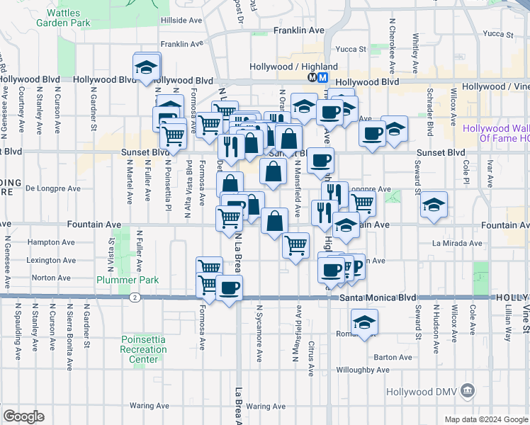map of restaurants, bars, coffee shops, grocery stores, and more near 1320 North Sycamore Avenue in Los Angeles