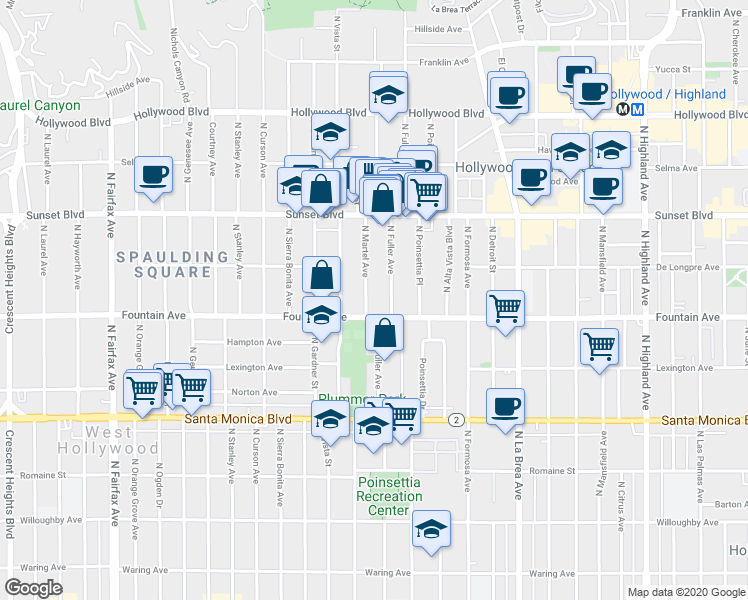 map of restaurants, bars, coffee shops, grocery stores, and more near 1323 North Fuller Avenue in Los Angeles