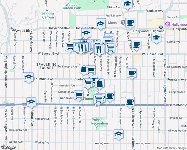 map of restaurants, bars, coffee shops, grocery stores, and more near in West Hollywood