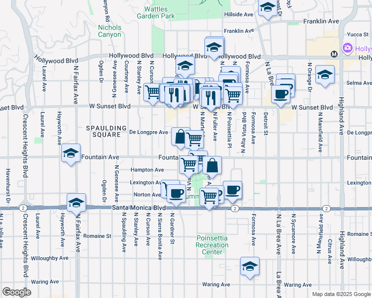 map of restaurants, bars, coffee shops, grocery stores, and more near in West Hollywood