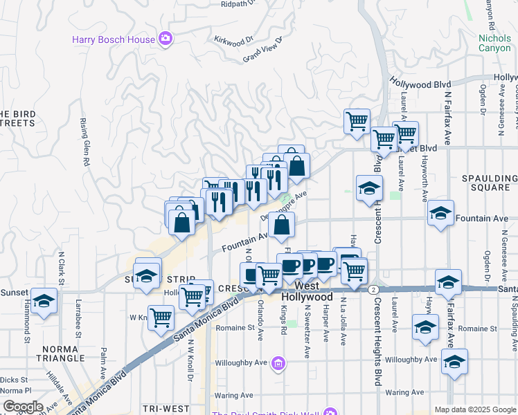 map of restaurants, bars, coffee shops, grocery stores, and more near 8440 Sunset Boulevard in West Hollywood