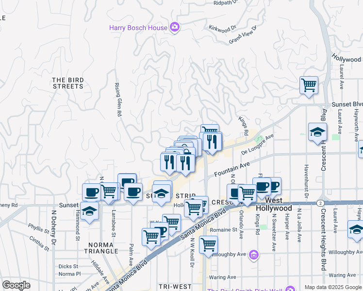 map of restaurants, bars, coffee shops, grocery stores, and more near 1359 Miller Drive in Los Angeles