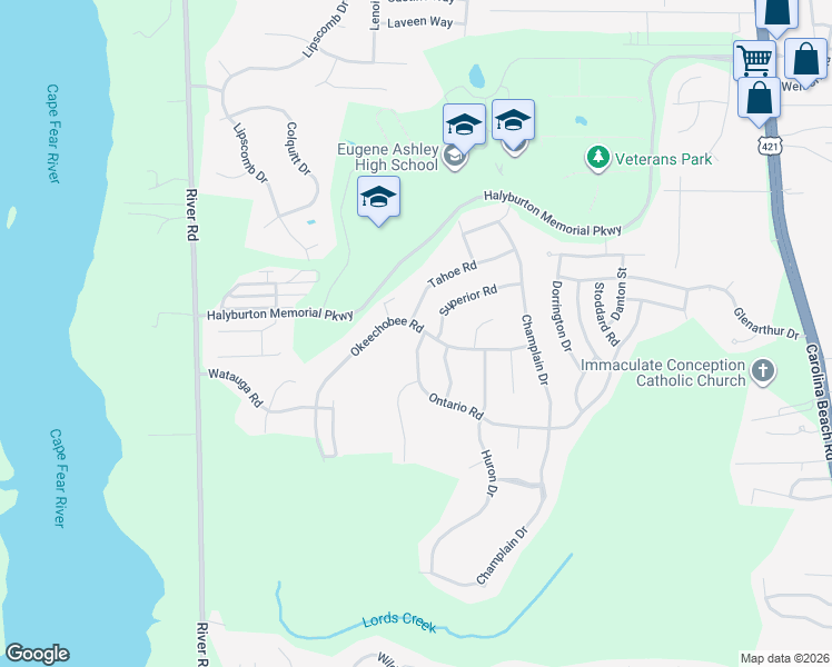 map of restaurants, bars, coffee shops, grocery stores, and more near 400 Okeechobee Road in Wilmington