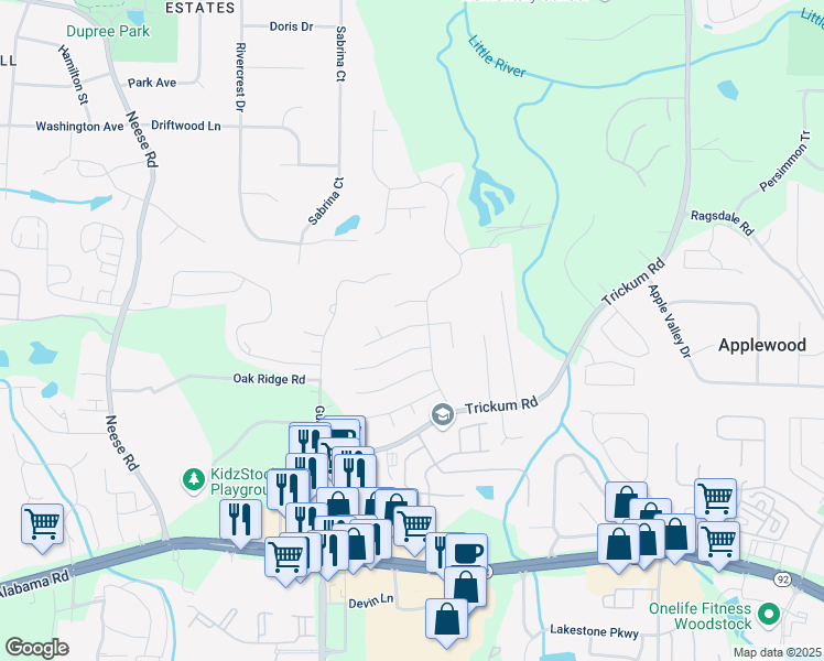 map of restaurants, bars, coffee shops, grocery stores, and more near 626 Dahoma Trail in Woodstock