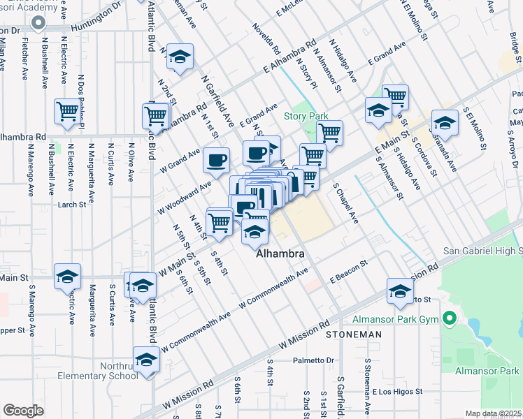 map of restaurants, bars, coffee shops, grocery stores, and more near 10 North 1st Street in Alhambra