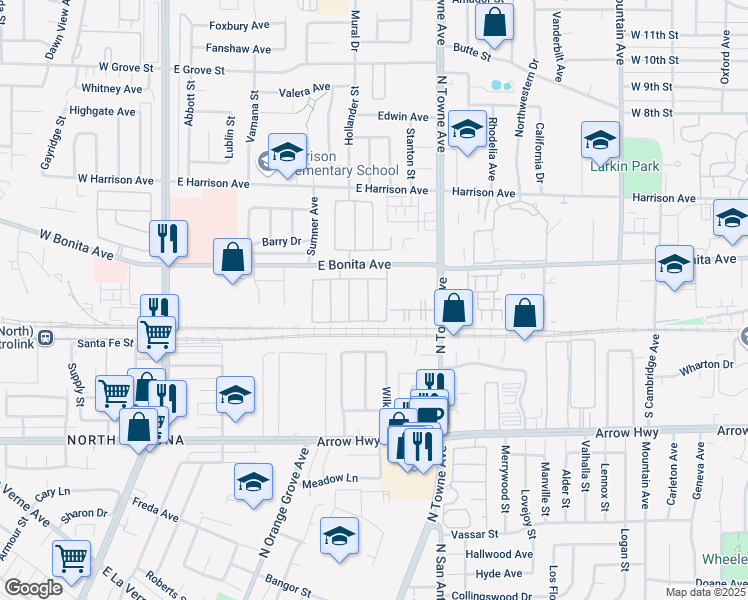map of restaurants, bars, coffee shops, grocery stores, and more near 2734 Lavender Street in Pomona