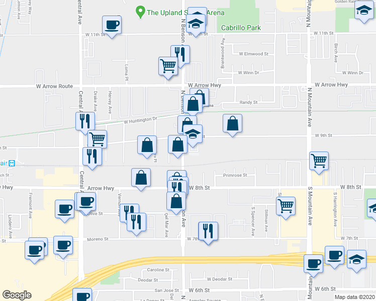 map of restaurants, bars, coffee shops, grocery stores, and more near 104 North Benson Avenue in Upland