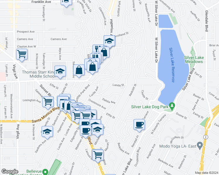 map of restaurants, bars, coffee shops, grocery stores, and more near 1850 Maltman Avenue in Los Angeles