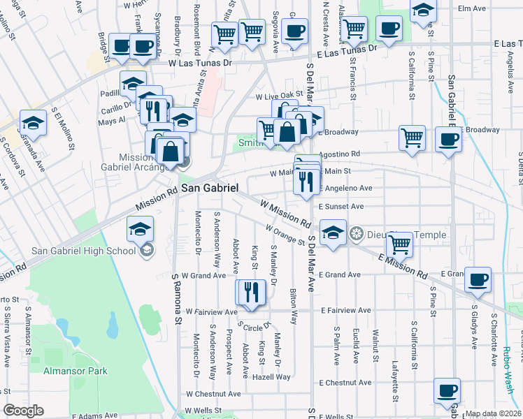 map of restaurants, bars, coffee shops, grocery stores, and more near in San Gabriel