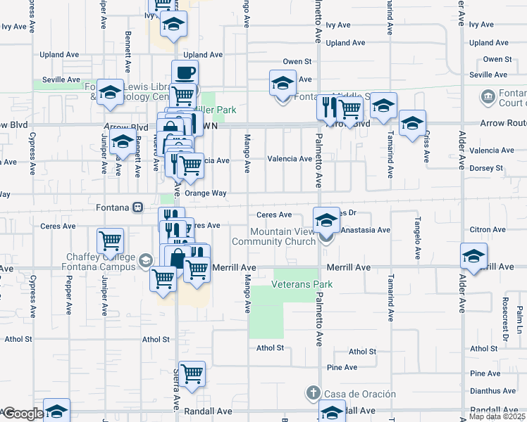 map of restaurants, bars, coffee shops, grocery stores, and more near 17142 Ceres Avenue in Fontana
