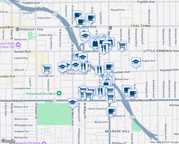 map of restaurants, bars, coffee shops, grocery stores, and more near 5643 Fountain Avenue in Los Angeles