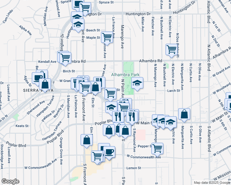 map of restaurants, bars, coffee shops, grocery stores, and more near 2220 Larch Street in Alhambra