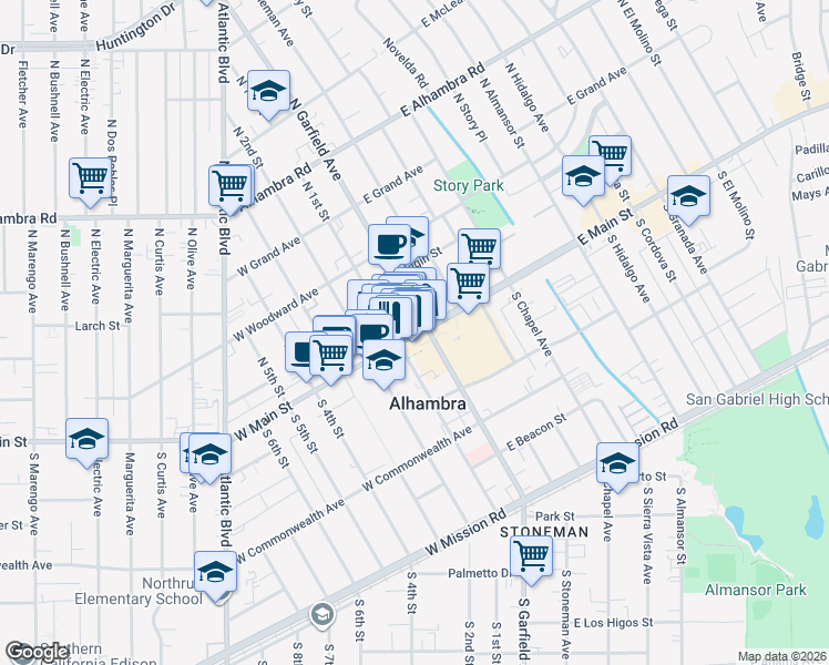 map of restaurants, bars, coffee shops, grocery stores, and more near West Main Street in Alhambra