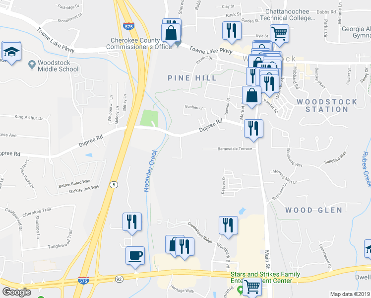 map of restaurants, bars, coffee shops, grocery stores, and more near 117 Creekwood Drive in Woodstock