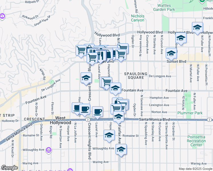map of restaurants, bars, coffee shops, grocery stores, and more near 1321 Hayworth Avenue in West Hollywood