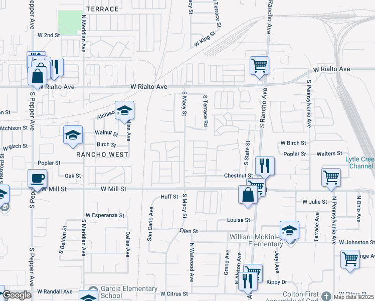 map of restaurants, bars, coffee shops, grocery stores, and more near 365 South Macy Street in San Bernardino