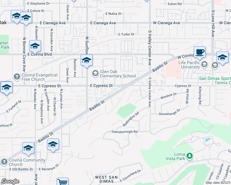map of restaurants, bars, coffee shops, grocery stores, and more near 2261 East Badillo Street in Covina