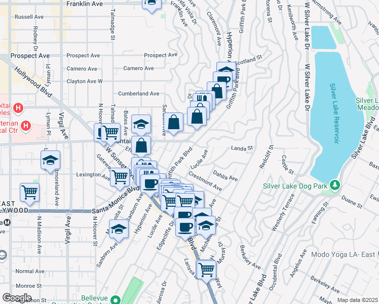 map of restaurants, bars, coffee shops, grocery stores, and more near 1762 Griffith Park Boulevard in Los Angeles
