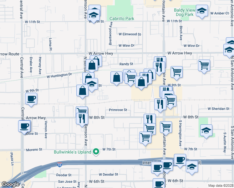 map of restaurants, bars, coffee shops, grocery stores, and more near 1452 West 9th Street in Upland