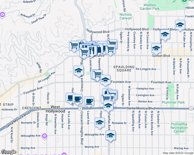 map of restaurants, bars, coffee shops, grocery stores, and more near 1325 Hayworth Avenue in West Hollywood