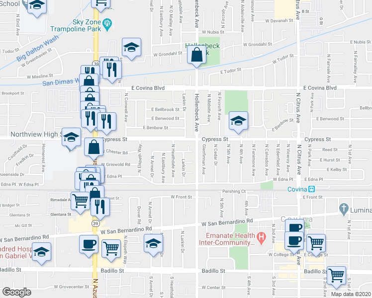 map of restaurants, bars, coffee shops, grocery stores, and more near 17905 East Clovermead Street in Covina