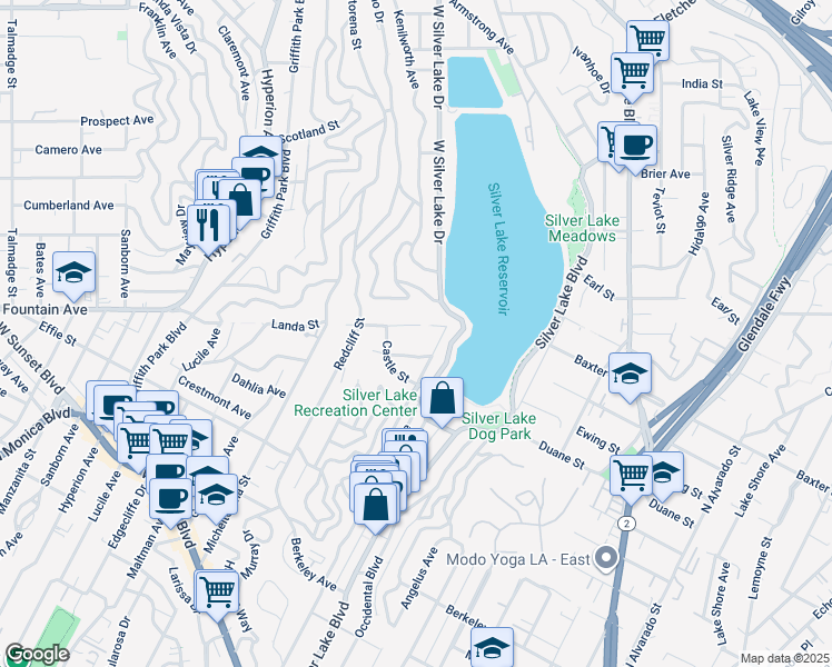 map of restaurants, bars, coffee shops, grocery stores, and more near 3040 Landa Street in Los Angeles