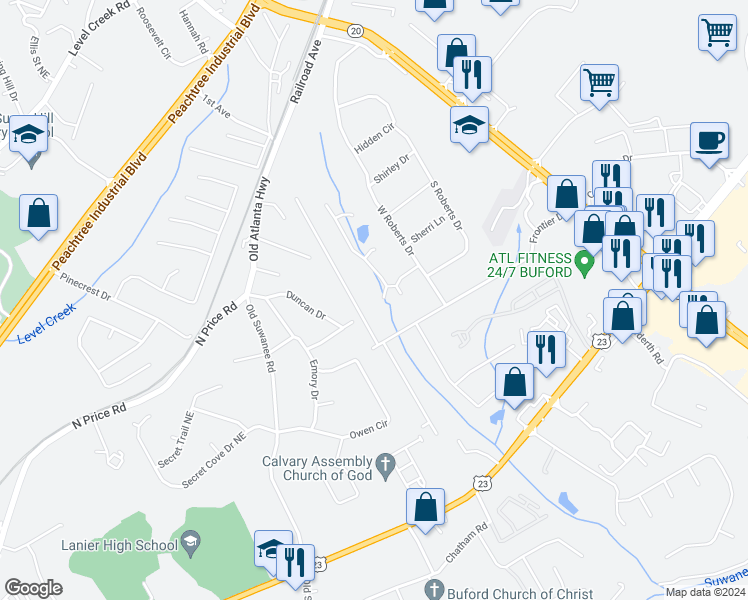 map of restaurants, bars, coffee shops, grocery stores, and more near 4510 Creek Bluff Drive in Sugar Hill