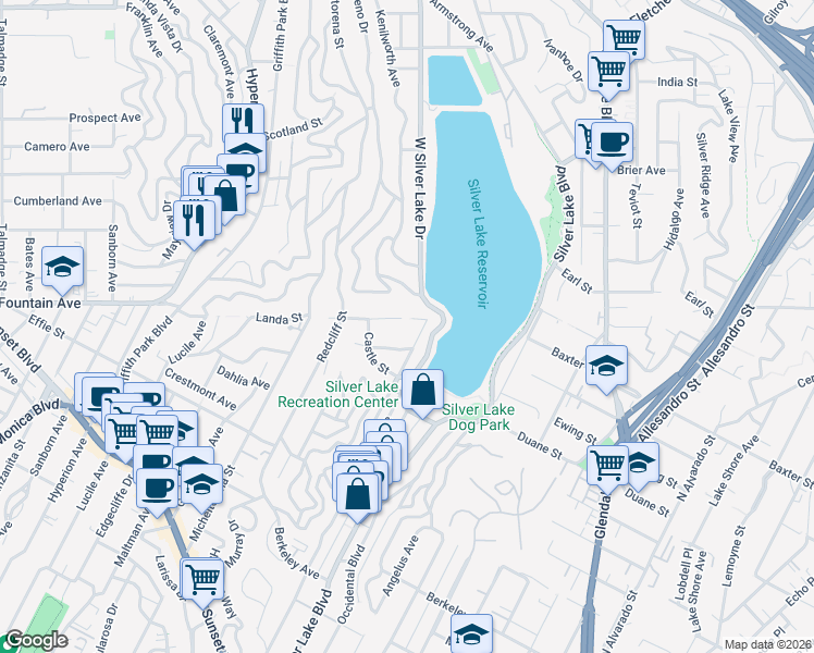map of restaurants, bars, coffee shops, grocery stores, and more near 3040 Landa Street in Los Angeles
