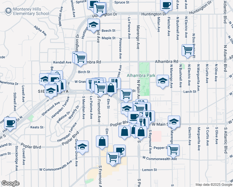 map of restaurants, bars, coffee shops, grocery stores, and more near 2314 Larch Street in Alhambra