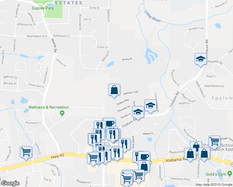 map of restaurants, bars, coffee shops, grocery stores, and more near 703 Verneer Court in Woodstock