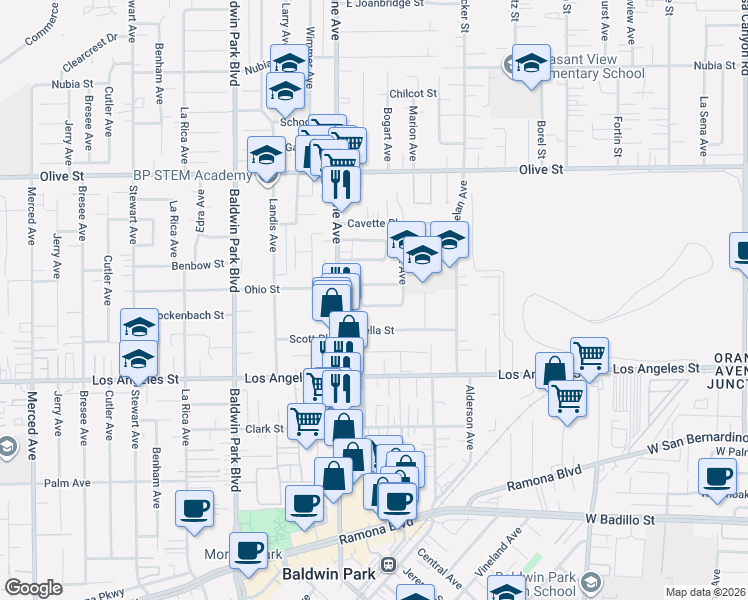 map of restaurants, bars, coffee shops, grocery stores, and more near 14519 Rockenbach Street in Baldwin Park