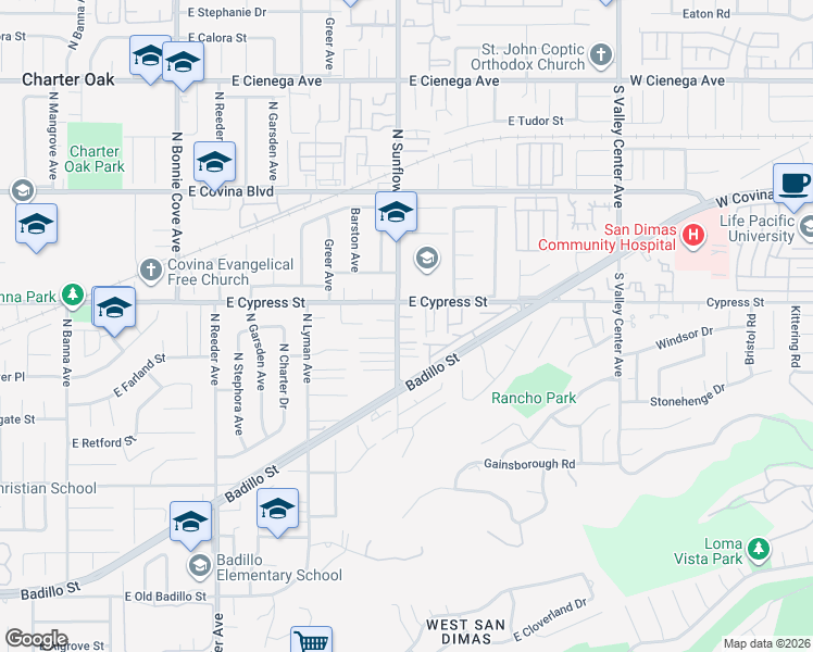 map of restaurants, bars, coffee shops, grocery stores, and more near 4516 North Sunflower Avenue in Covina