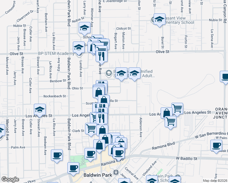 map of restaurants, bars, coffee shops, grocery stores, and more near 14529 Rockenbach Street in Baldwin Park