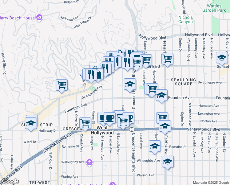 map of restaurants, bars, coffee shops, grocery stores, and more near 1320 North Harper Avenue in West Hollywood