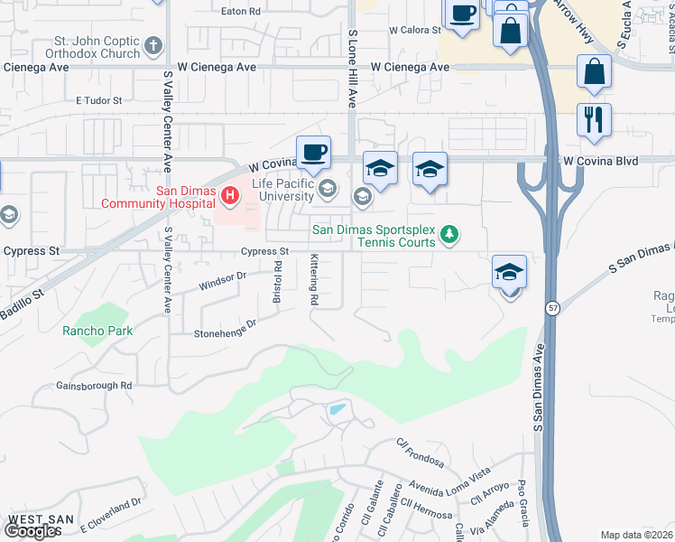 map of restaurants, bars, coffee shops, grocery stores, and more near 827 Windermere Road in San Dimas