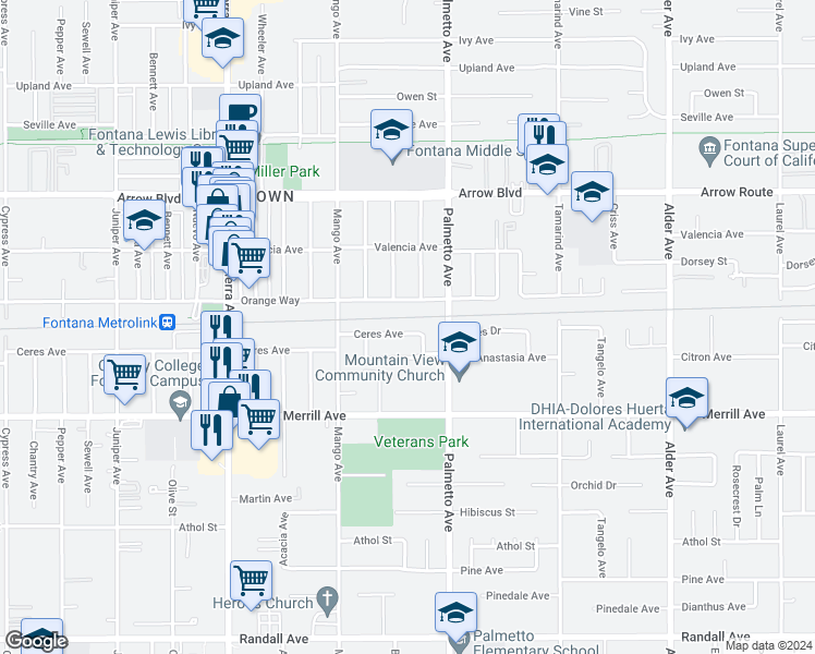 map of restaurants, bars, coffee shops, grocery stores, and more near 17232 Ceres Avenue in Fontana