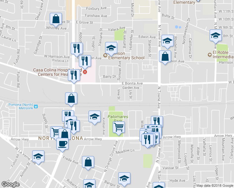 map of restaurants, bars, coffee shops, grocery stores, and more near 2723 Vine Street in Pomona
