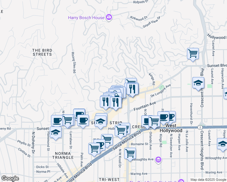 map of restaurants, bars, coffee shops, grocery stores, and more near 1359 Miller Drive in Los Angeles