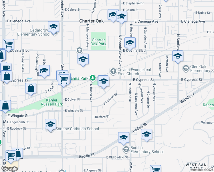 map of restaurants, bars, coffee shops, grocery stores, and more near 843 N Darfield Ave in Covina