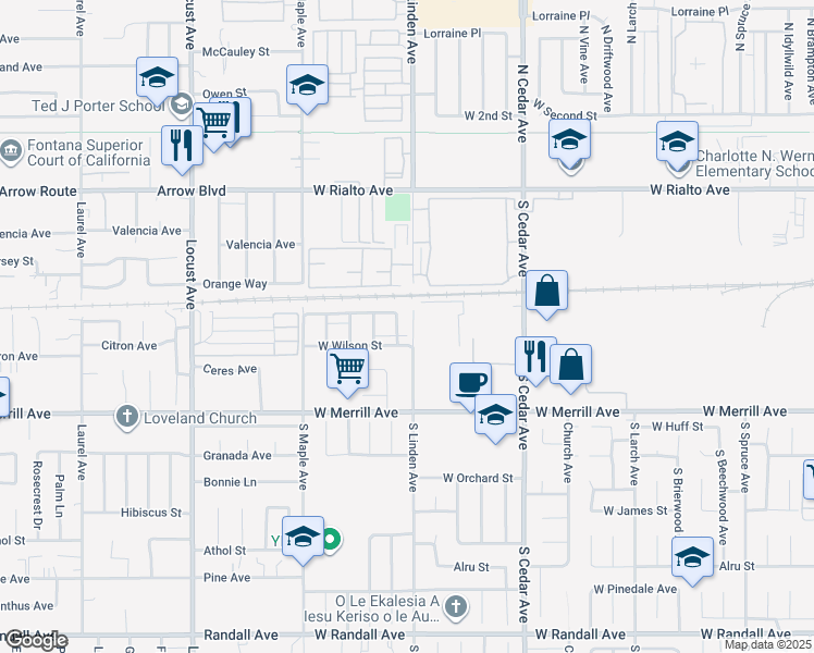 map of restaurants, bars, coffee shops, grocery stores, and more near 351 South Ironwood Avenue in Rialto
